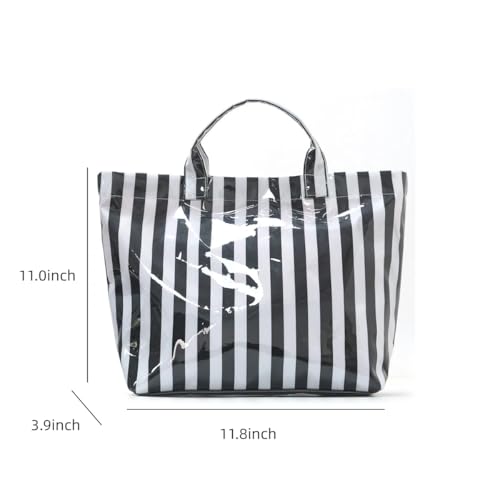 Image of Lushandy Striped PVC Tote Bag for Women, Waterproof Plastic Tote Bag for Beach Pool Large Top Handle Travel Hobo Handbag