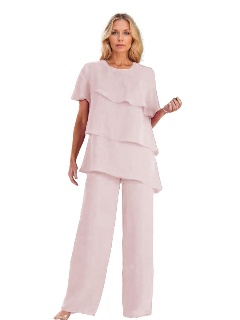 2 Pieces Mother of The Bride Pant Suits for Women Dressy Chiffon Wedding Guest Pantsuits with Sleeves Pink 22