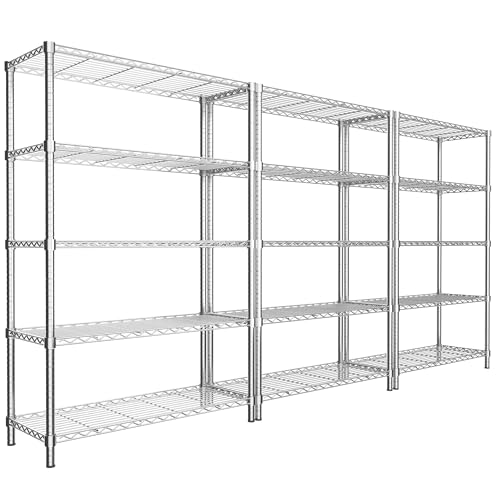 Image of Storage Shelves Heavy Duty, 3 PCS 48 inch L x 20 inch W x 72 inch H Garage Wire Shelving Unit Loads 2000LBS, 5-Tier Adjustable Metal Industrial Utility Shelf Rack for Kitchen, Laundry Room, Warehouse, Basement