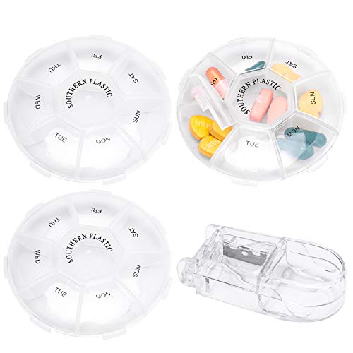 Pill Organizer Pill Splitter,Splaks Weekly Portable Pill Box Travel Planner,7 Day Case Dispenser with Pill Cutter Moisture-Proof Large Compartments for Daily Fish Oils,Supplements,Vitamins Medication