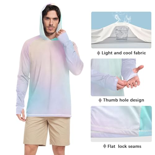 GAIGEO Cooling SPF Shirts for Men, Lightweight Hoodies Summer, Long Sleeve T-shirts, Modern Colorful Holographic S4