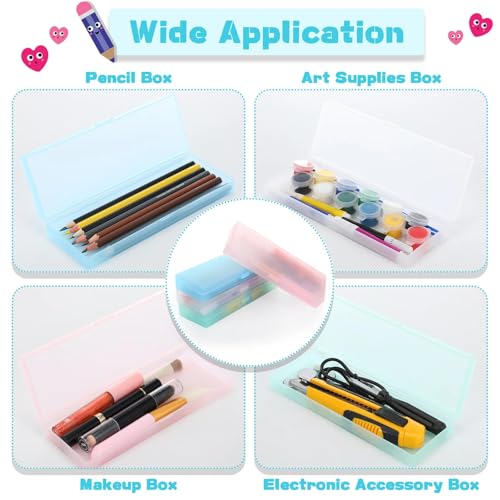 Image of Fainne 80 Pieces Back to School Plastic Pencil Boxes Pencil Case Bulk Frosted Clear Multi Colored Pens Holder Stackable Container with Lid & Snap for Stationery Office Classroom(White Pink Blue Green)
