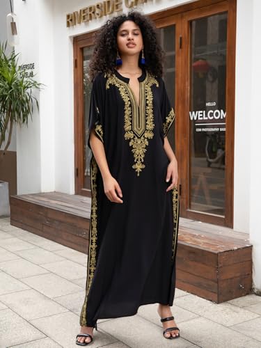 Image of KECVOT Kaftan Dresses for Women Embroidered Short Sleeve V-Neck Plus Size Caftan Bikini Swimsuit Cover-Up Long Beach Dress
