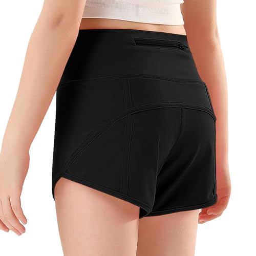 RISSCAN Girls Athletic Running Shorts Teen Girls with Back Zip Pocket Workout Quick Dry Lightweight Active Short for Kids(Black, L)