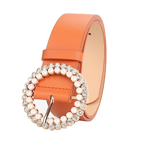 Leadigol PU Leather Pearl Belt, Vintage Round Buckle Women's Belt, Faux Leather Jeans Belt, Casual Buckle Waist Belt