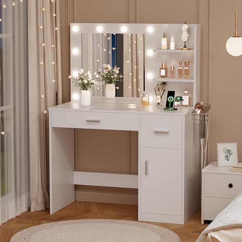 Image of YESHOMY 35.4 inch Vanity Desk with Mirror & Lights, Power Outlet and 3 Storage Shelves, Makeup Vanity Table with Open Shelves for Bedroom Dressing Room,Clean White