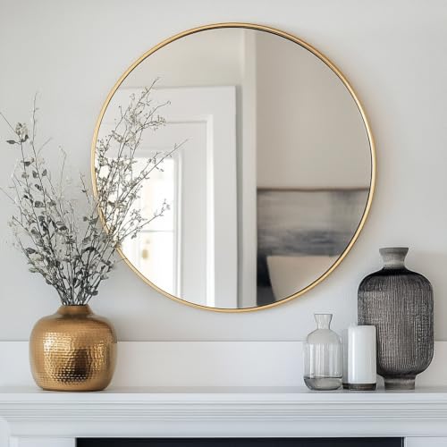 Image of Oruii Small Round Mirror, 16 inch Gold Circle Mirror, Gold Metal Frame | High Definition, Waterproof, Rust-resistant, Circular Wall Mirrors for Bathroom, Bedroom, Vanity, Nursery, Kids, Wall Decor