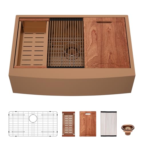 Lordear 33x21Inch Copper Tone Bronze Farmhouse Kitchen Sink Workstation SUS304 16-Gauge Stainless Steel Farmhouse Sink Apron Fron Farm Style Undermount Sinks 33x21x10