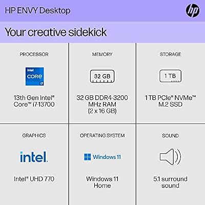 HP Envy Desktop PC, 13th Generation Intel Core i7-13700, 32 GB RAM, 1 TB SSD, Intel UHD Graphics 770, Windows 11 Home, TE01-4020 (2023)