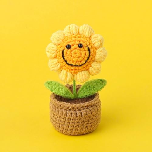 Image of 14Cm Height Handmade Crochet Smiling Flower Pot for Home & Office Decor, Cute Aesthetic Desk Showpiece, Positive Vibes Table Decor, Thoughtful for Mom (Joy Bloom Yellow)