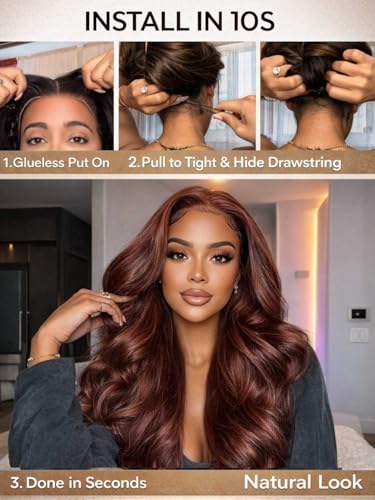 Image of Beauty Forever Reddish Brown Lace Front Wig Human Hair 7x5 Body Wave Bye Bye Slip Glueless Wigs with Elastic Drawstring,Pre Plucked,Bleached Knots,Natural Hairline,150% Density 14inch
