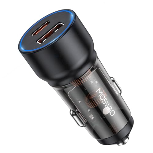 MOSWAG Cargador para Auto 1 Unidad, Adaptador de Carga Rápida de 75 W con 2 Puertos con PD y QC3.0 Compatible con iPhone 16/15 Pro MAX/Samsung Galaxy S25/S24/S23/S22/S21, Negro