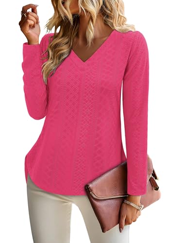 KISSMODA Long Sleeve Fall Shirts For Women V Neck Tunic Tops Embroidered Button Down Knitted Blouses 2025