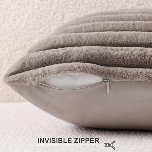 Image of Pallene Faux Fur Plush Throw Pillow Covers 22x22 Set of 2, Luxury Soft Fluffy Striped Decorative Pillow Covers for Sofa, Couch, Living Room, Light Coffee