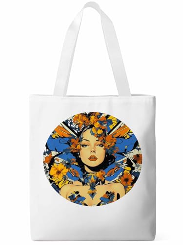 Canvas Tote Bags,Grocery Shopping Cloth Bag Girl Floral Art Reusable Shoulder Bags Tote Bag for Travel Work Gym