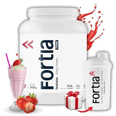 FORTIA Whey Protein Isolate 100% 39g/dosis + Shaker – Proteina Isolada de Suero Premium Hecha en España | Proteína Alta en BCAA, Leucina y Glutamina | Mejora Masa Muscular | Fresa 900g