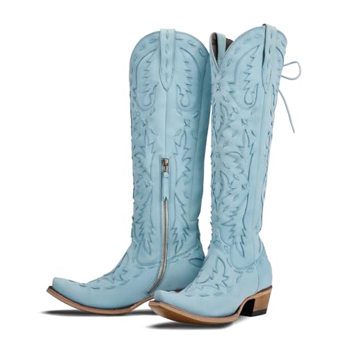 Knee High Cowboy Boots for Women Pointed Toe Side Zipper Cowgirl Boots Women's Back Lace up Chunky Heel Western shoes