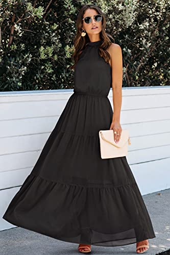 Image of PRETTYGARDEN Women's Halter Neck Floral Long Maxi Dress Casual Sleeveless Backless Dresses Loose Ruffle Sundress with Belt