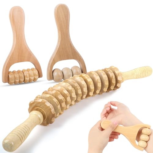 Fzyisw 3Pcs Wood Therapy Massage Tools for Back Legs Neck Effectively Relaxes Muscles Relieves Fatigue & Body Shaping Wooden Massage Roller for Lymphatic Drainage & Reducing Cellulite Appearance