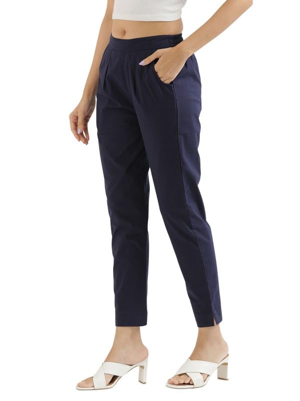 Image of SAADAA Pack of 2 Women's Cotton Pants | Regular Fit Mid-Rise Comfortable Trousers with Pockets | Casual