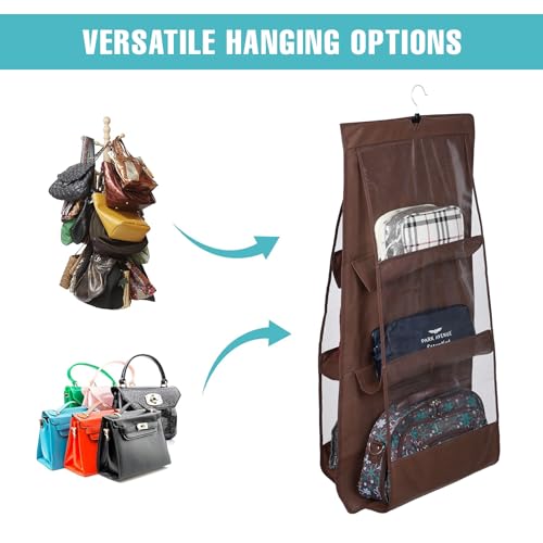 Image of Heart Home Hanging Organizer | Handbag Organizer | Hanging Purse for Wardrobe | Transparent Clutch Organizer | Handbag Storage For Closet | 6 Pocket Storage Hanger | Brown