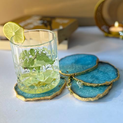 Image of Natural Agate Stone Tea Coasters Set | Premium Stone Coasters for Tea, Coffee & Glass | Heat Resistant Coasters for Dining Table, Office Desk & Home Decor | Pack of 4 | Color -Turquoise