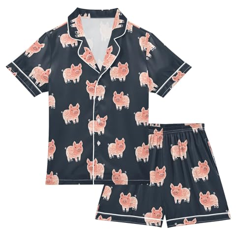 Cute Simple Pigs Pattern Summer Satin Pajama Set, Cute Button-Down Sleepwear Pj Set for Sleep Wears