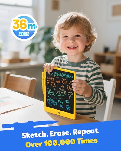 Image of TEKFUN LCD Writing Tablet for Kids, 10-inch Coloring Drawing Pad, Mess Free Doodle Board, Airplane Travel Toys for Boys and Toddlers, Road Trip Essentials, Gifts for 3 4 5 6 7 8 Year Old Girls(Yellow)