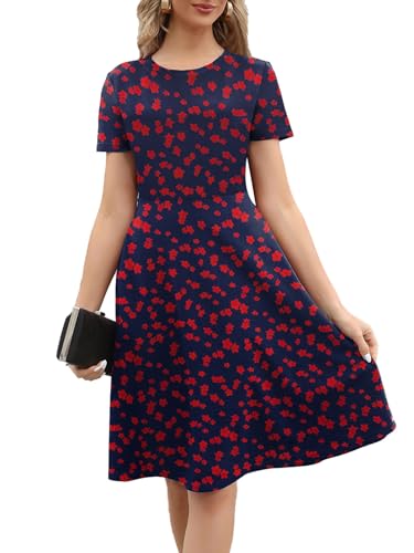 Image of Women's 2026 Fit and Flare Dress Summer Casual Elegant Vintage Floral Printed Work Party A-line Dress with Pockets 162