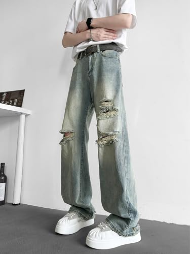 Ripped Jeans for Men Mid-Rise Loose Wide-Leg Casual Straight Raw-Edge Design Denim Trousers with Pockets2
