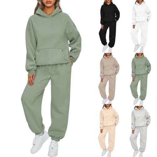 Earnmore Damen Hausanzug mit Kapuze 2 Teile, Damen Jogginganzug Set Sweatshirt mit Hose Elegant Freizeitanzug,Sport Hosenanzug Langarm Hoodie Hausanzug (Grün,L)