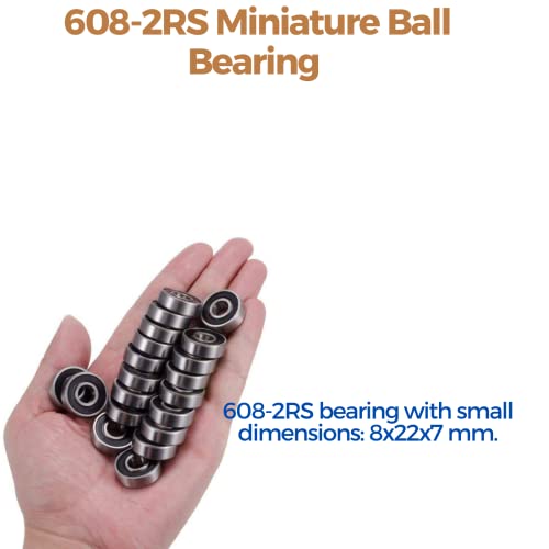 608 2Rs Bearings, 50 Pack 608 Bearing, 8X22X7Mm Rs Ball Bearing Grease Seal Assembly Roller Skateboard Bearings, 8Mm Small Bearing, Double Rubber Sealed Miniature Deep Groove Ball Bearing #TOP4