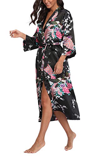 Women s Kimono Robe Peacock & Blossom Robe Wedding Satin Bathrobe Nightgown