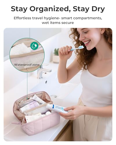 BAGSMART Travel Makeup Bag for Women, Portable Water-resistant Cosmetic Case, Puffy Padded Make Up Organizer Pouch, Open Flat Toiletry Bag for Toiletries, Brushes, Black3