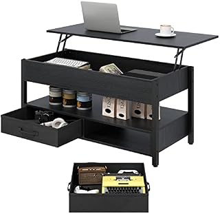 Ej.Victor Coffee Table, Lift Top Coffee Table with Storage Shelf and Pop up Adjustable Lift Tabletop, 41.7" Wooden Coffee Tables for Living Room with 2 Drawers and Hidden Compartment(Black)
