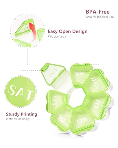 Image of MOLN HYMY Large Weekly Pill Box 7 Day, Cute Pill Case Organizer 1 time a Day, Floral Pill Container Once Daily, Pretty Medicine Dispenser for Vitamin /Fish Oil /Medication /Supplements (Green)