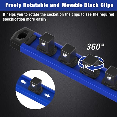 Image of WORKPRO Magnetic Socket Organizer, 1 /4-Inch Drive Aluminum Alloy Sockets Rail, Heavy Duty Sockets Holder, Socket Rack Kit 1 /4-Inch x 12 Clips (Blue)