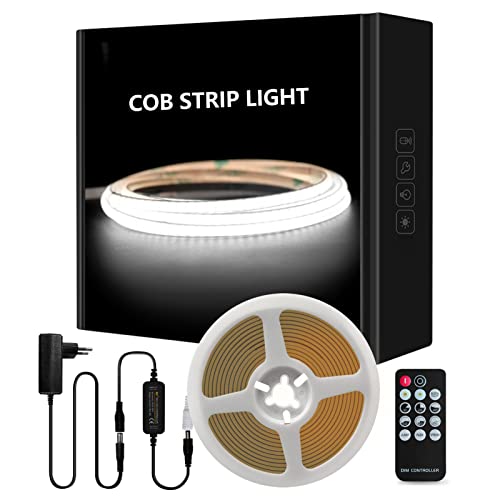Tayire COB LED Streifen Kaltes Weiß 6500K Set, DC24V Schneidbar LED Strip 5m 480LEDs/M,CRI90+ 4mm LED Band Hohe Helligkeit LED Lichtband für Schrank Schlafzimmer Küche TVDIY Beleuchtung Cover