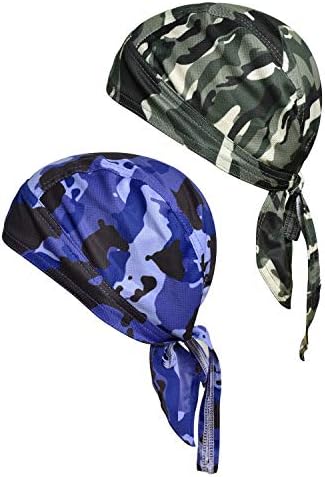 Dew Rags Sweat Wicking Skull Caps Cooling Helmet Liner Chemo Bandana Beanie Hats Motorcycle Head Wrap for Men & Women(Black White Blue Fluorescent Orange, one Size)