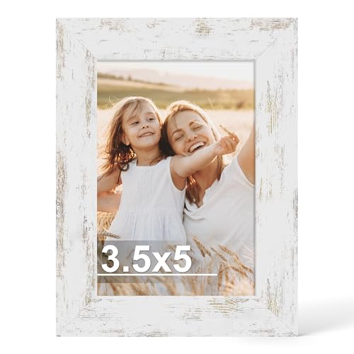 Hongkee 3.5x5 Picture Frame Made of Real Glass and Wooden Frame Horizontal and Vertical Display for Wall or Tabletop (Distressed White 1 Pack)