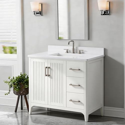Eleshine 36 Inch Bathroom Vanity with Sink, White Fluted Solid Wood Cabinet with 3 Soft-Close Drawers & 2 Doors, 0.98" Stone Countertop, Built-in Power Outlet, Pre-Assembled