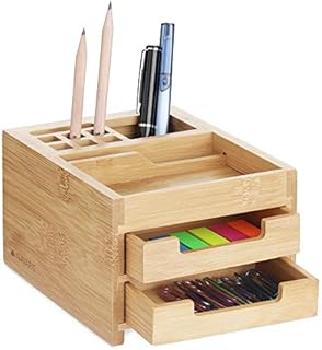 Navaris Small Wooden Desk Organiser - 12.7 x 15 x 9.4 cm Compact Holder Made of Bamboo Wood with Drawers, Tray, Pen Pot - For Work or Home Office