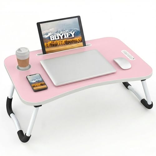 Image of BUYIFY 23 inch Foldable Lap Desk for Laptop Writing w /Cup Holder Pink