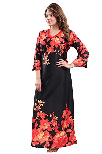 Image of Fabme Women's Crepe Printed Flare Nighty with Long Sleeves /Night Gown /Nightwear /Maxi