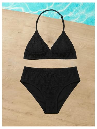 Image of RoseSeek Girl's Tie Dye Smocked 2 Piece Swimwear Sets Backless Halter Bikini Cute Brief Bathing Suit