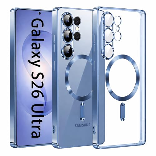 Image of VONZEE Clear Logo Electroplating Transparent Case for Samsung Galaxy S26 Ultra 5G, Magnetic Plating [Support for MagSafe Charger] Electroplate TPU Cover- Sierra Blue