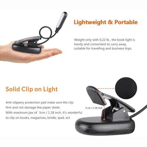 Lepower 001-BLBL-05-BK-NEW Clip On Book Light/Reading Light/Clip Light With 5 Led Eye Care, 3 Color Changeable, Portable Reading Lamp, Battery & Usb Operated thumb #5