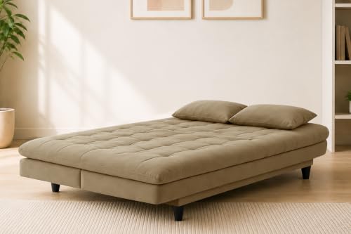 Image of Los Angeles Modern Convertible Futon Sofa Bed, Tufted Upholstered Folding Couch with Adjustable Backrest, Space Saving Sleeper Sofa for Living Room, Apartment, Office, Dorm & Guest Room - Golden