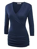 LL WT1255 Women's Deep V Neck 3/4 Sleeve Slim Fitted T-Shirt Casual Cross Surplice Wrap Tops S Navy
