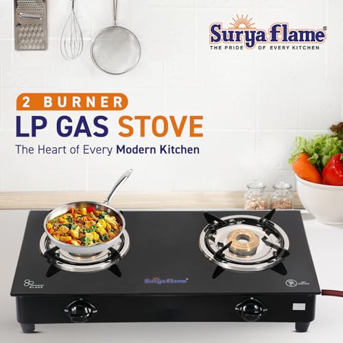 Image of Surya Flame Gas Stove 2 Burner with Glass Top, Brass Burners, 69%+ Thermal Efficiency & Toughened Glass, 2 Years Warranty & Doorstep Service across India
